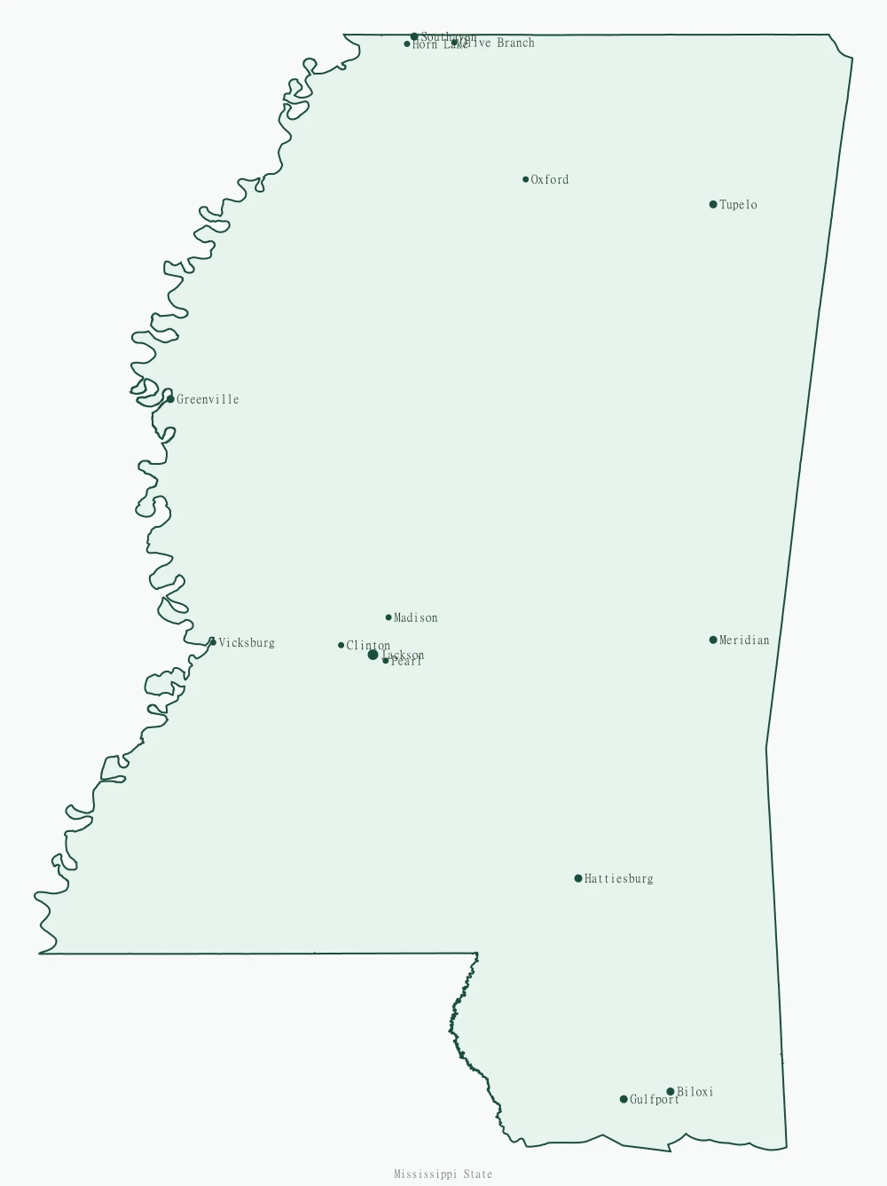 Map of Mississippi State showing major cities
